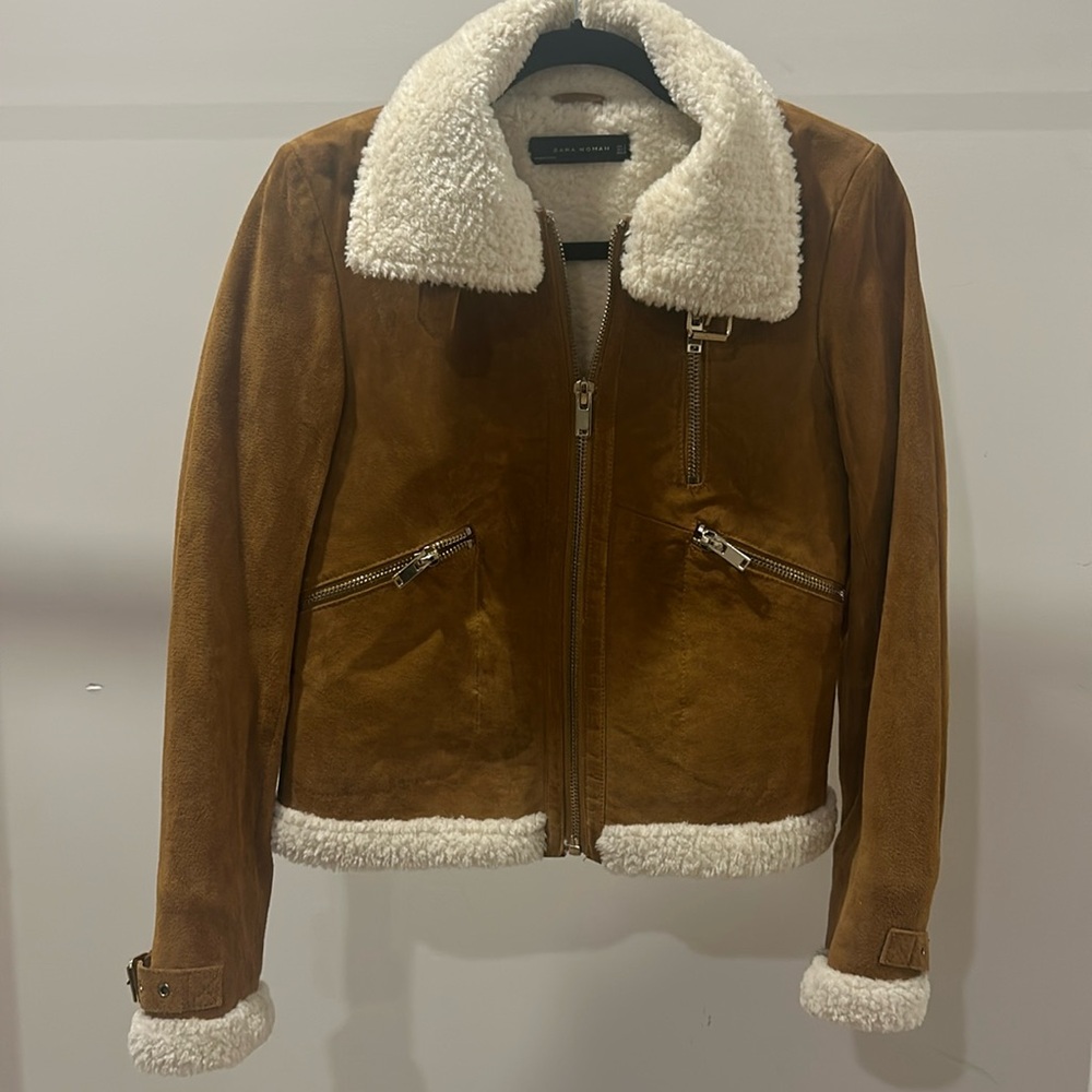 Zara - Brown Suede Moto Style Biker Jacket. Size Small